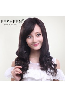 FESHFEN真發(fā)假發(fā)女時(shí)尚長發(fā)長卷發(fā)斜劉海手織透氣逼真梨花卷頭套