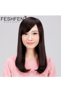 FESHFEN真發(fā)假發(fā)中長發(fā)梨花頭真人發(fā)絲時(shí)尚女士逼真機(jī)制手織頭套